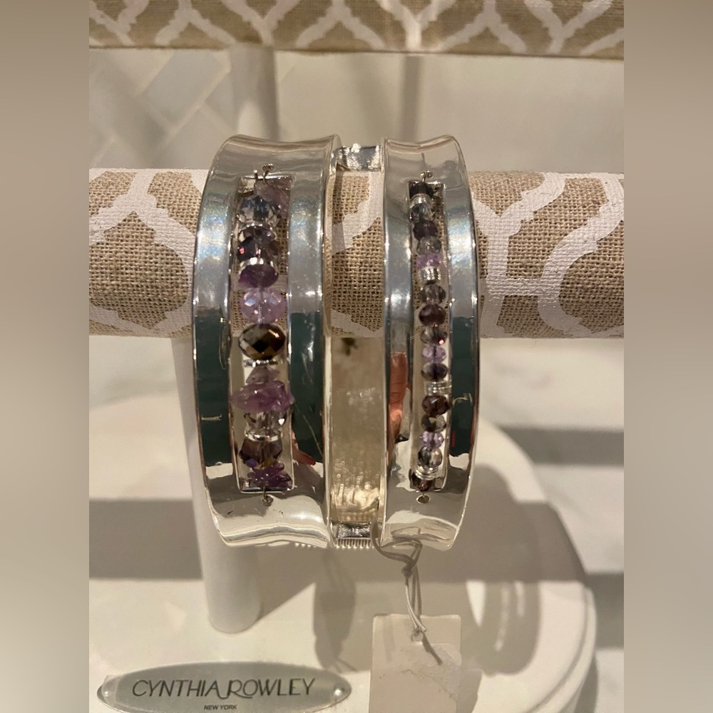 NWT! Large Silver Bangle Bracelet with Purple Beads